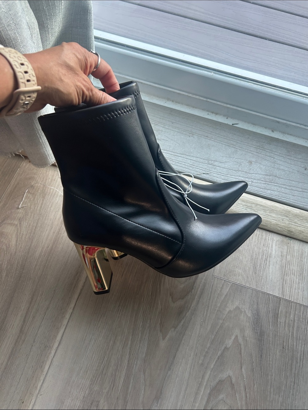 a new day Black Pointed Toe Ankle Boots with Gold Block Heel